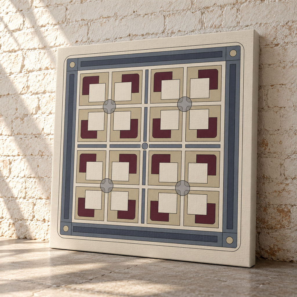 A square canvas wall art print leaning against a light brick wall on a stone floor. The artwork features a geometric tile-inspired pattern with cream, beige, slate blue, and burgundy sections.