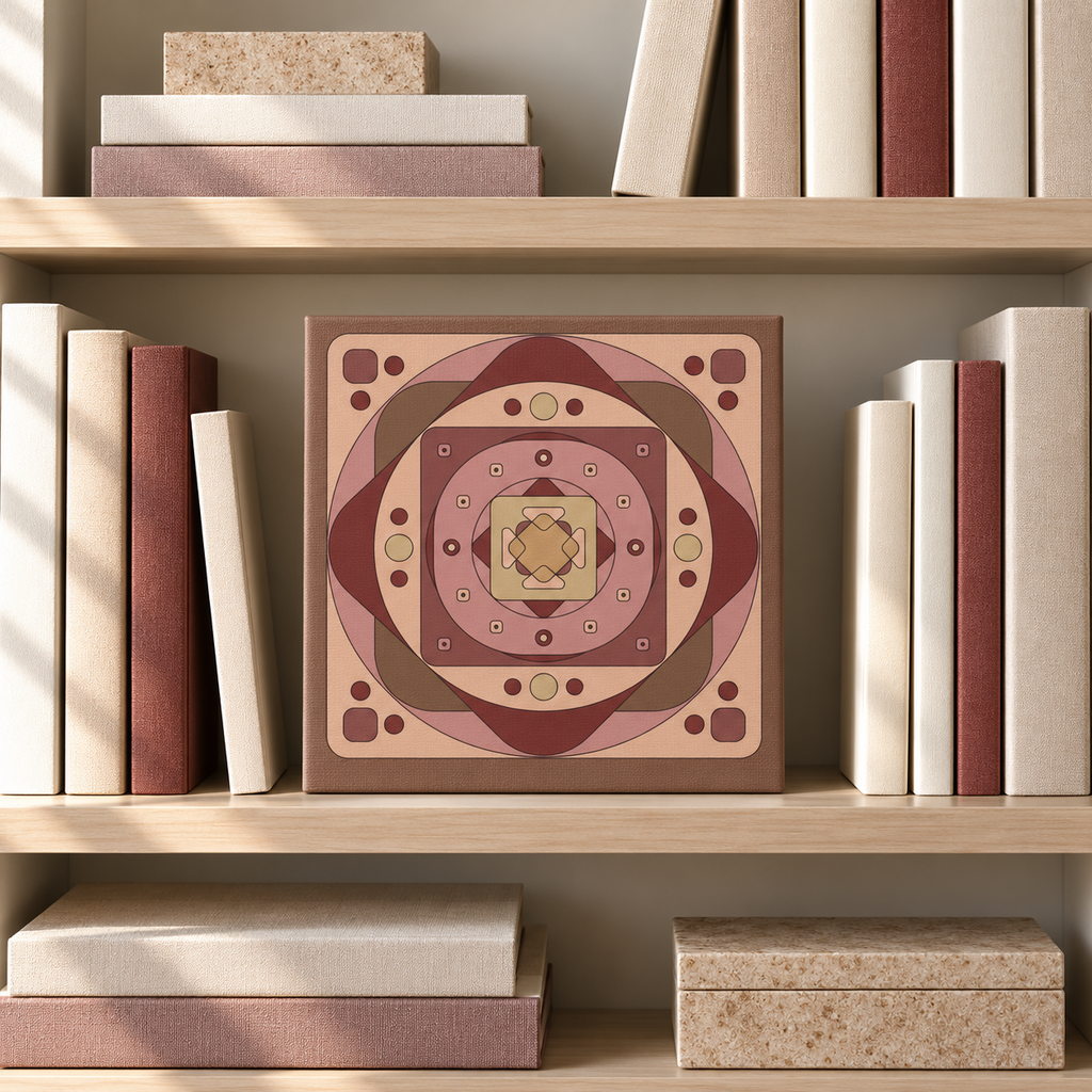 A square decorative art print or tile featuring a symmetrical geometric mandala pattern in shades of dusty pink, terracotta, and beige, displayed on a light wood bookshelf between books.