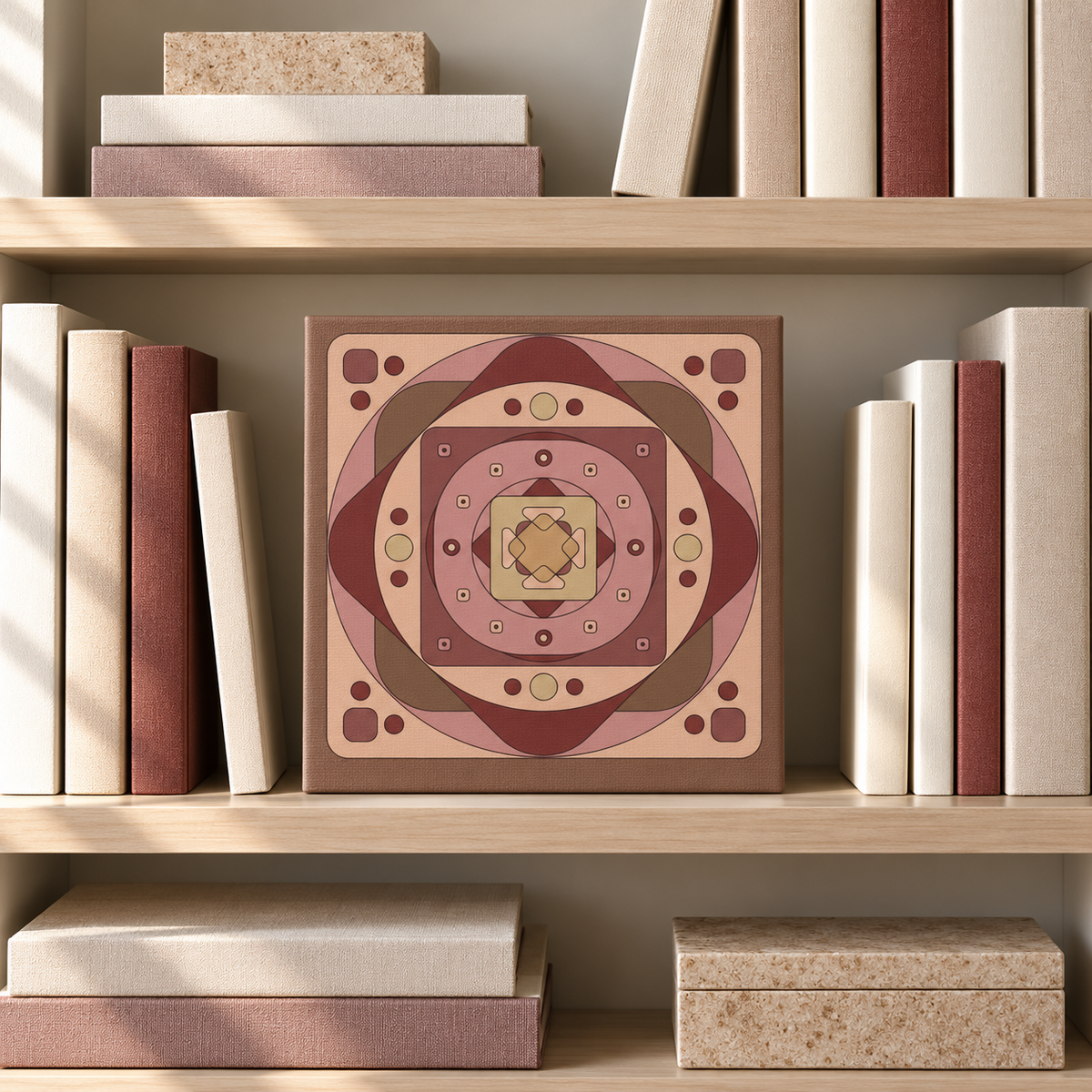 A square decorative art print or tile featuring a symmetrical geometric mandala pattern in shades of dusty pink, terracotta, and beige, displayed on a light wood bookshelf between books.