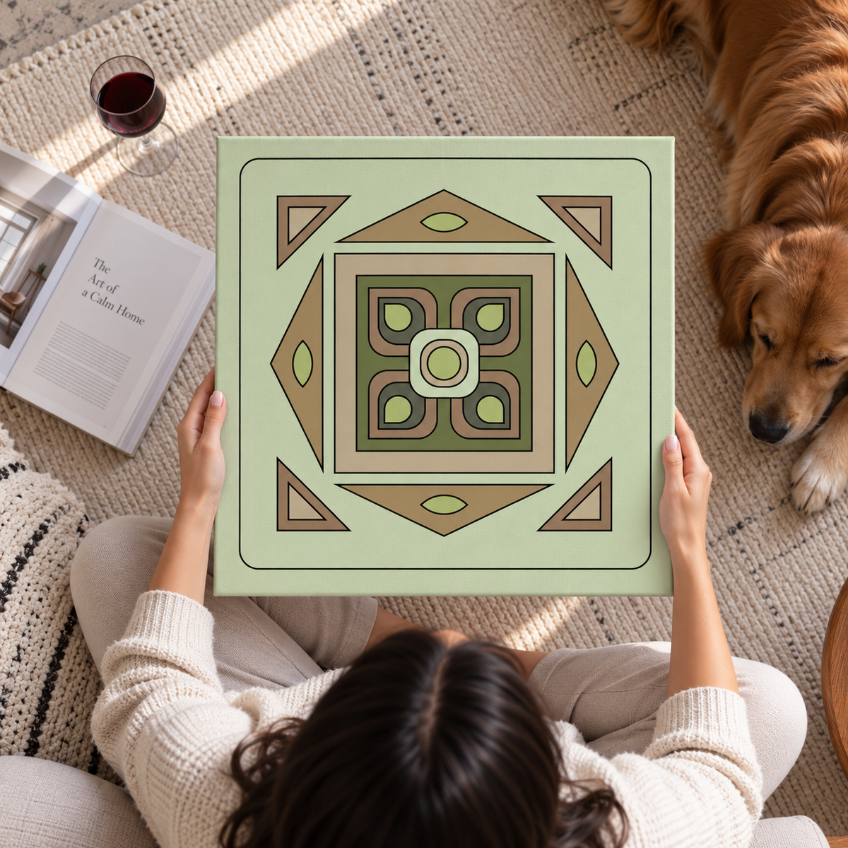 A person holds a square canvas print featuring a retro 1970s-style geometric pattern in sage green, tan, and olive. The scene is shot from a top-down perspective on a textured beige rug, with a glass of red wine, an open book, and a golden retriever dog visible in the background.