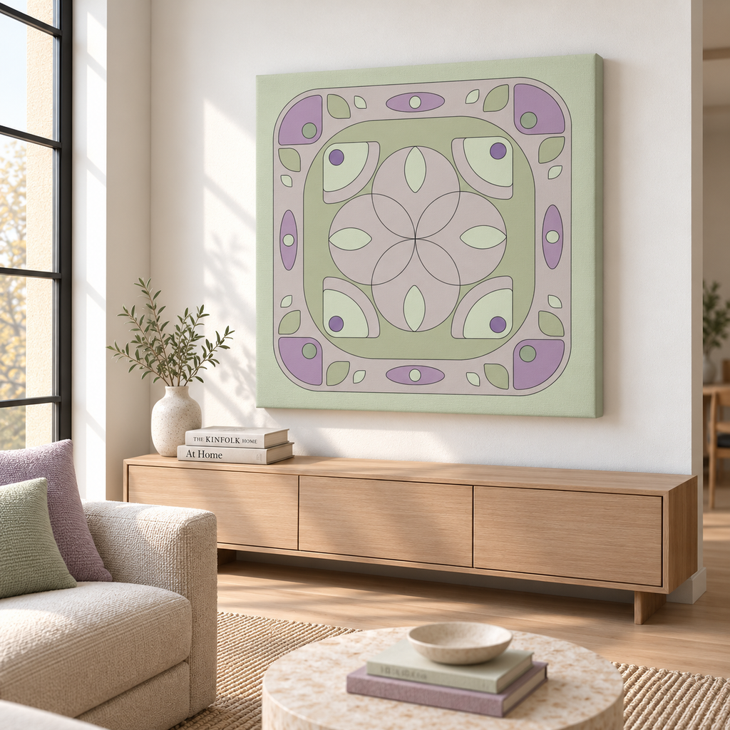 A square canvas wall art print featuring a retro 1960s-style geometric medallion design in sage green, lavender, and cream, displayed on a white wall above a light wood console in a modern living room setting.