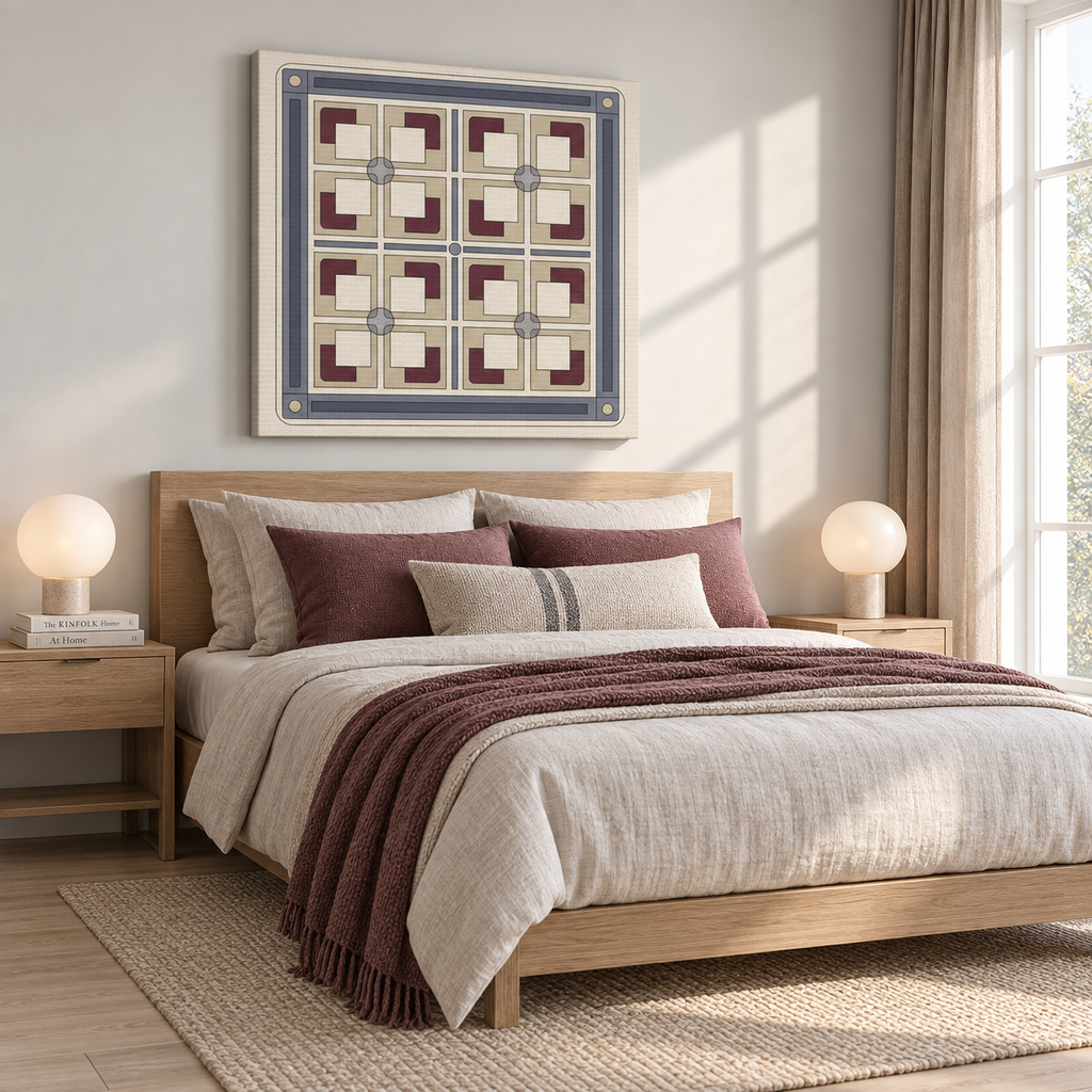 A styled bedroom scene with a wooden bed dressed in beige linens, burgundy pillows and throw, flanked by matching bedside tables and lamps. Above the bed hangs a large framed geometric wall art piece with cream, blue, and burgundy blocks.