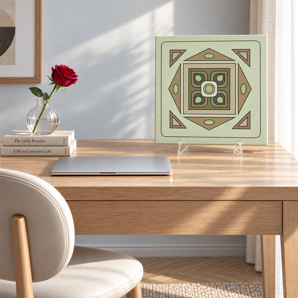 A square decorative art print with an abstract geometric pattern in sage green, olive, and tan stands on clear acrylic easels on a wooden desk. The scene is styled with a closed silver laptop, a stack of books, a glass vase with a red rose, and a light-colored chair in a sunlit home office setting.