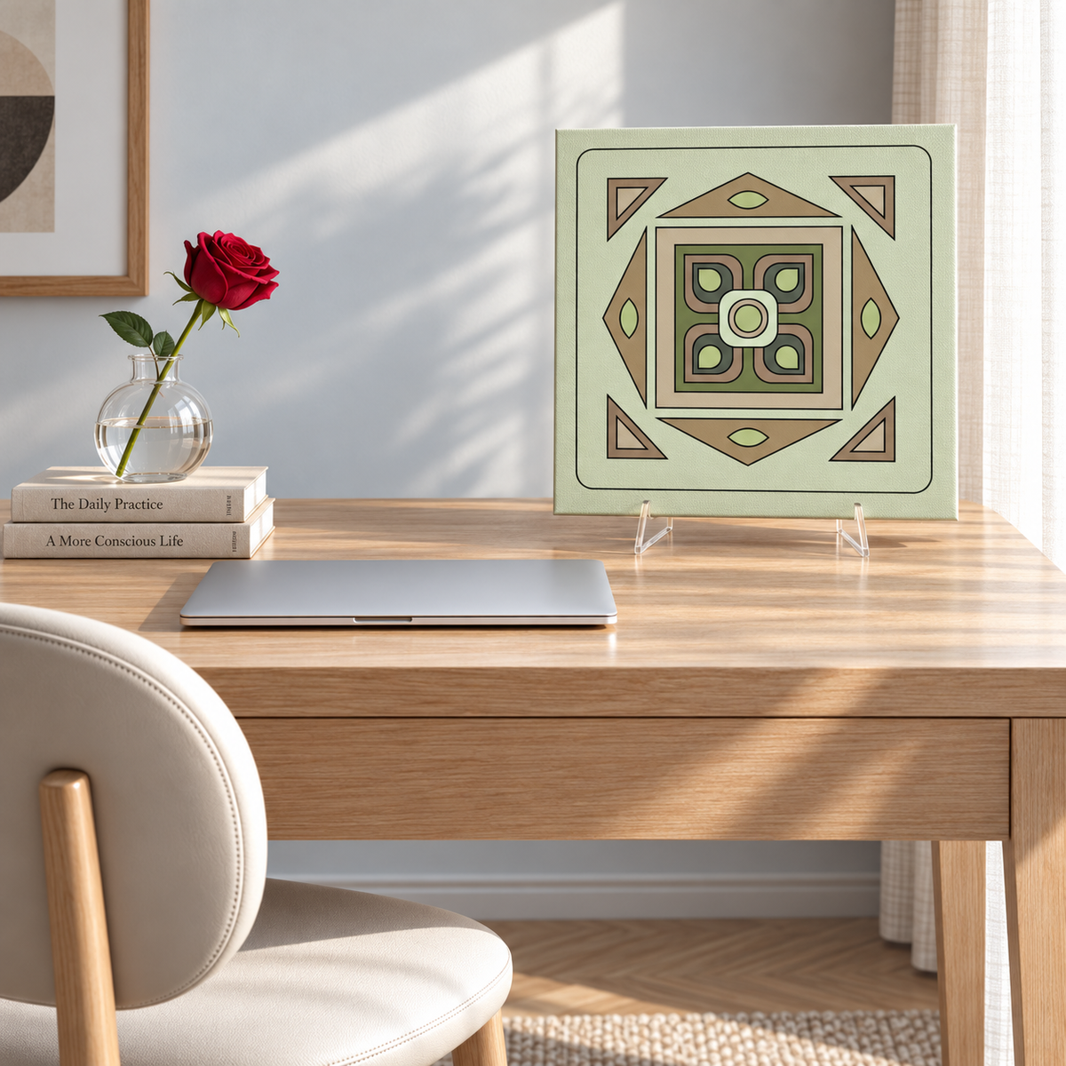 A square decorative art print with an abstract geometric pattern in sage green, olive, and tan stands on clear acrylic easels on a wooden desk. The scene is styled with a closed silver laptop, a stack of books, a glass vase with a red rose, and a light-colored chair in a sunlit home office setting.