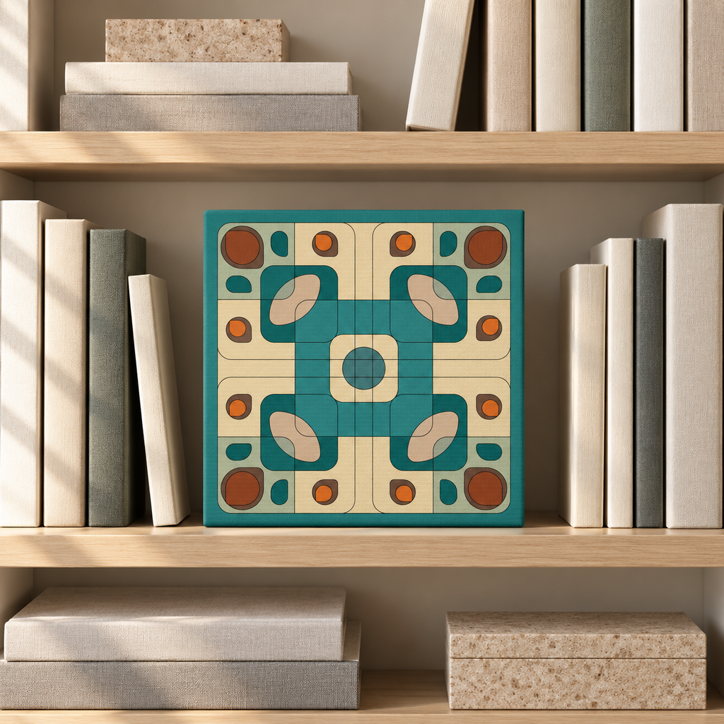 A square decorative tile or coaster featuring a retro mid-century modern geometric pattern in teal, cream, and terracotta, displayed on a wooden bookshelf between books.