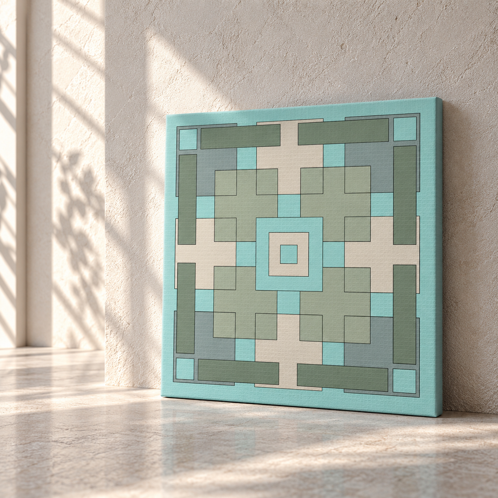 A square canvas wall art print with a geometric pattern in shades of teal, sage green, and cream, leaning against a textured beige wall on a stone floor with soft sunlight and shadows.