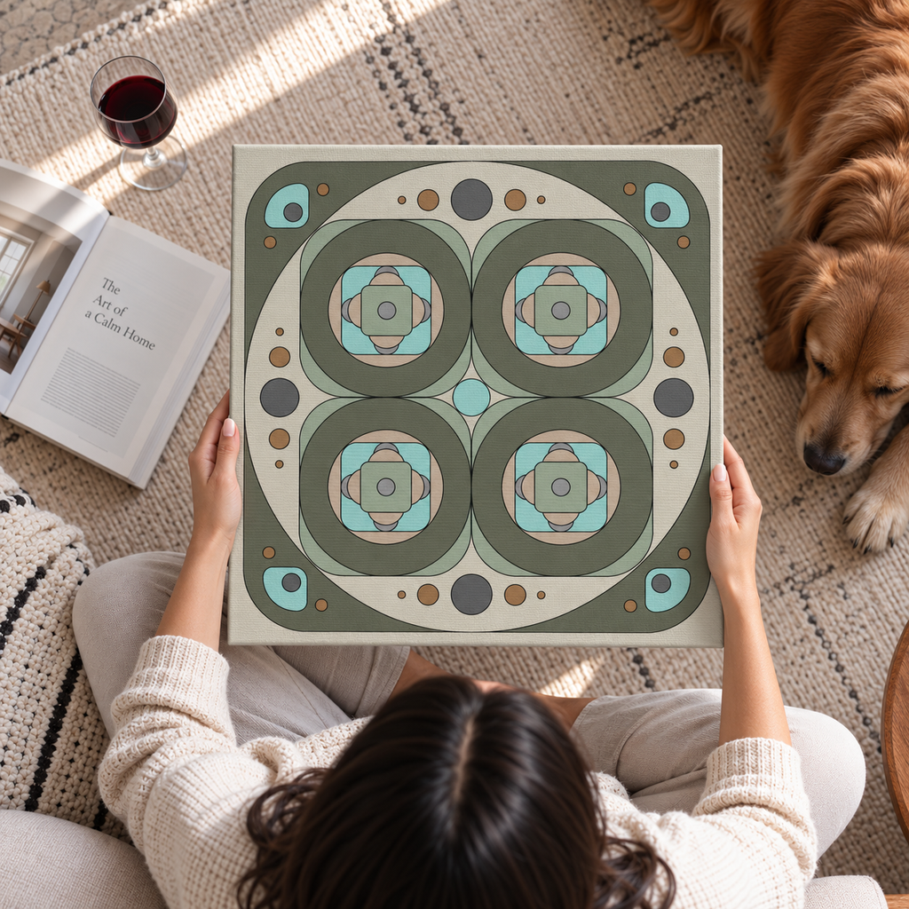 A person sits on a carpeted floor holding a square decorative tile or coaster with a symmetrical geometric pattern in muted green, beige, and aqua. A dog rests nearby on the carpet, with an open book and a glass of red wine in the background.