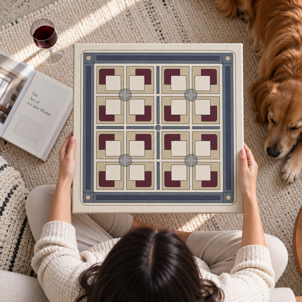 A person sits on a patterned rug holding a square decorative tile or mosaic panel with a geometric design in cream, navy, and burgundy. A golden retriever lies nearby on the rug, and an open book and glass of red wine are also visible in the scene.