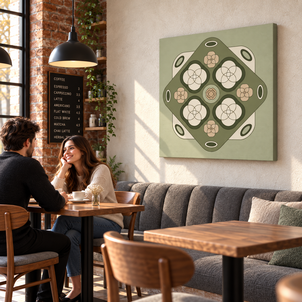 A square wall art print with a retro geometric floral pattern in sage green, cream, and tan hangs on a beige wall in a cozy, sunlit cafe. A couple is seated at a wooden table in the foreground, and a gray upholstered counter sofa is visible behind them.