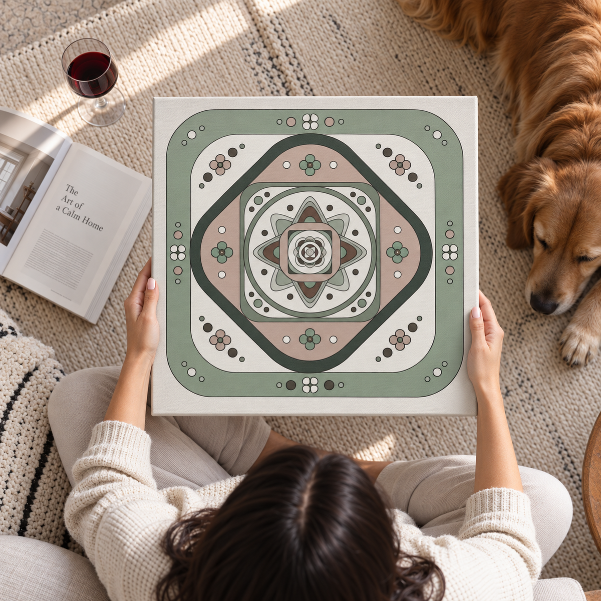 A person holds a square canvas print featuring a detailed, symmetrical mandala-style floral pattern in muted sage green, beige, and dark gray. The scene is shot from a top-down perspective on a cozy beige knit rug, with a glass of red wine, an open book, and a golden retriever dog lying nearby.