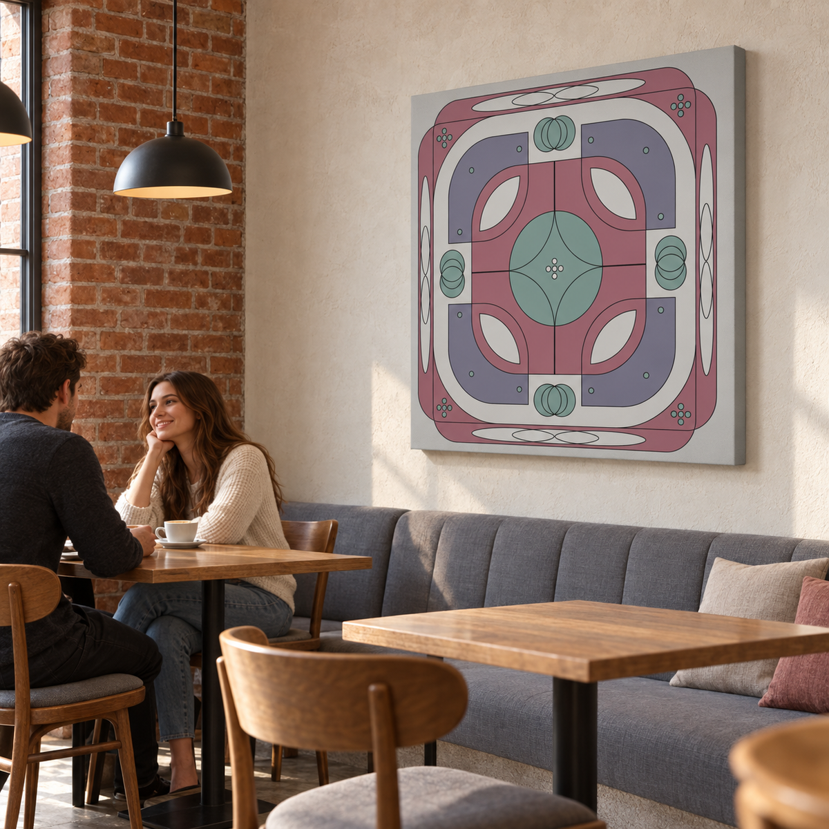 A square canvas wall art print with a retro geometric pattern in pink, purple, and mint green, displayed on a beige wall in a modern cafe setting with a couple seated at a table nearby.