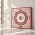A square canvas wall art print featuring a layered geometric octagon design in dusty pink, rose, and cream tones, leaning against a light wall on a sunlit floor.