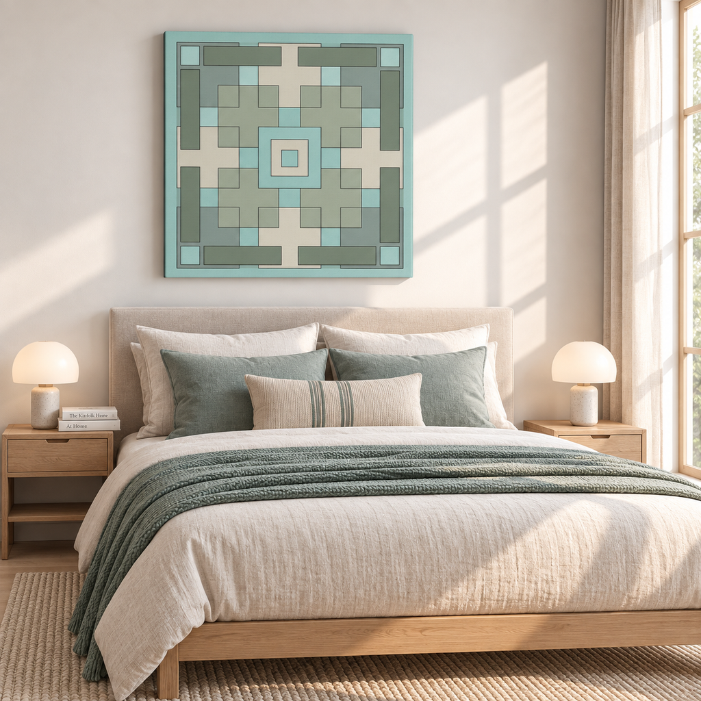 A geometric wall art print with a teal and sage green pattern hangs above a neatly made bed in a bright, modern bedroom with natural sunlight streaming through a window.