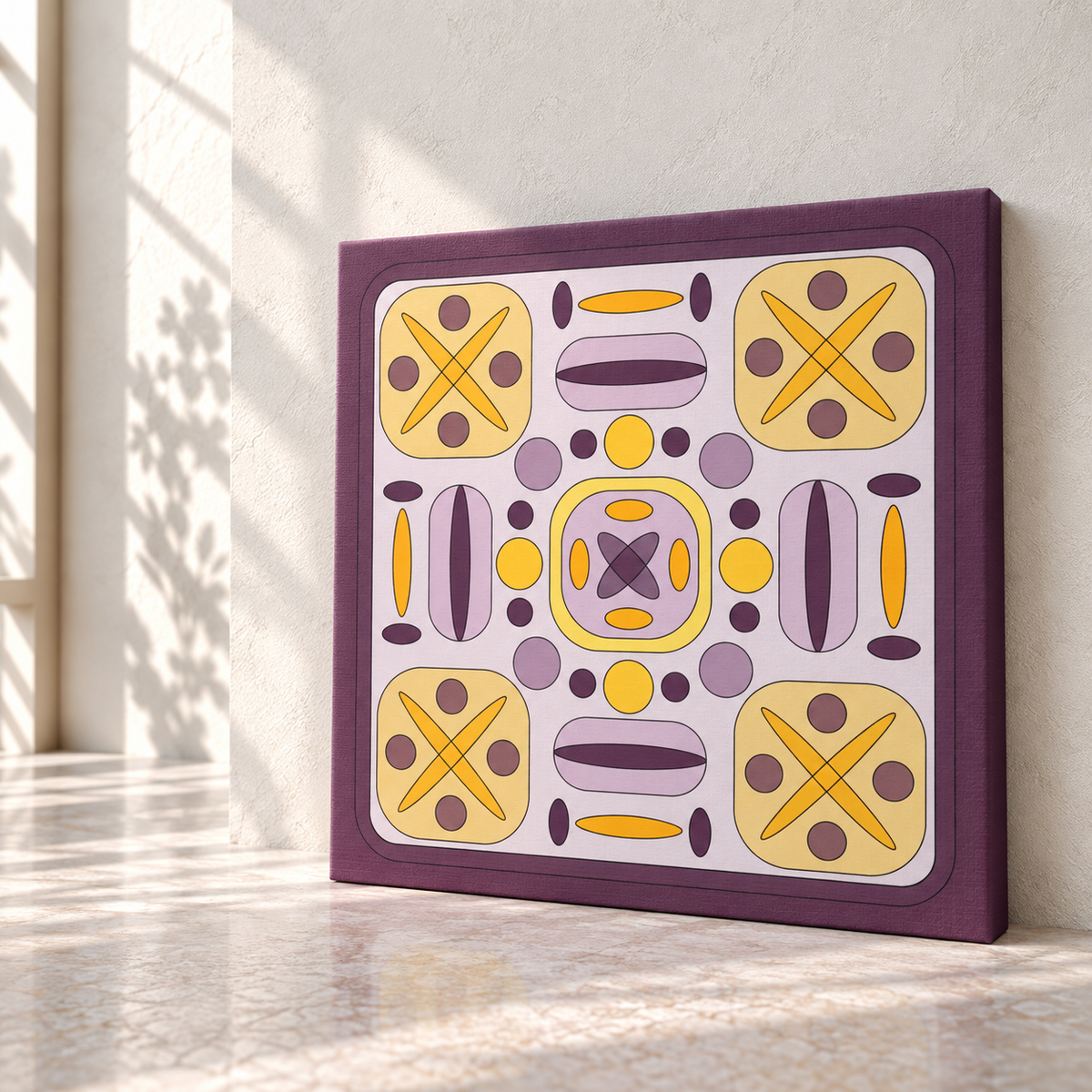 A square framed wall art print leaning against a light beige wall on a marble floor, featuring a retro geometric pattern in yellow, purple, and brown.