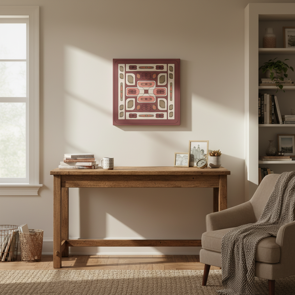 Terracotta geometric wall art displayed above a wooden desk in a warm modern home office