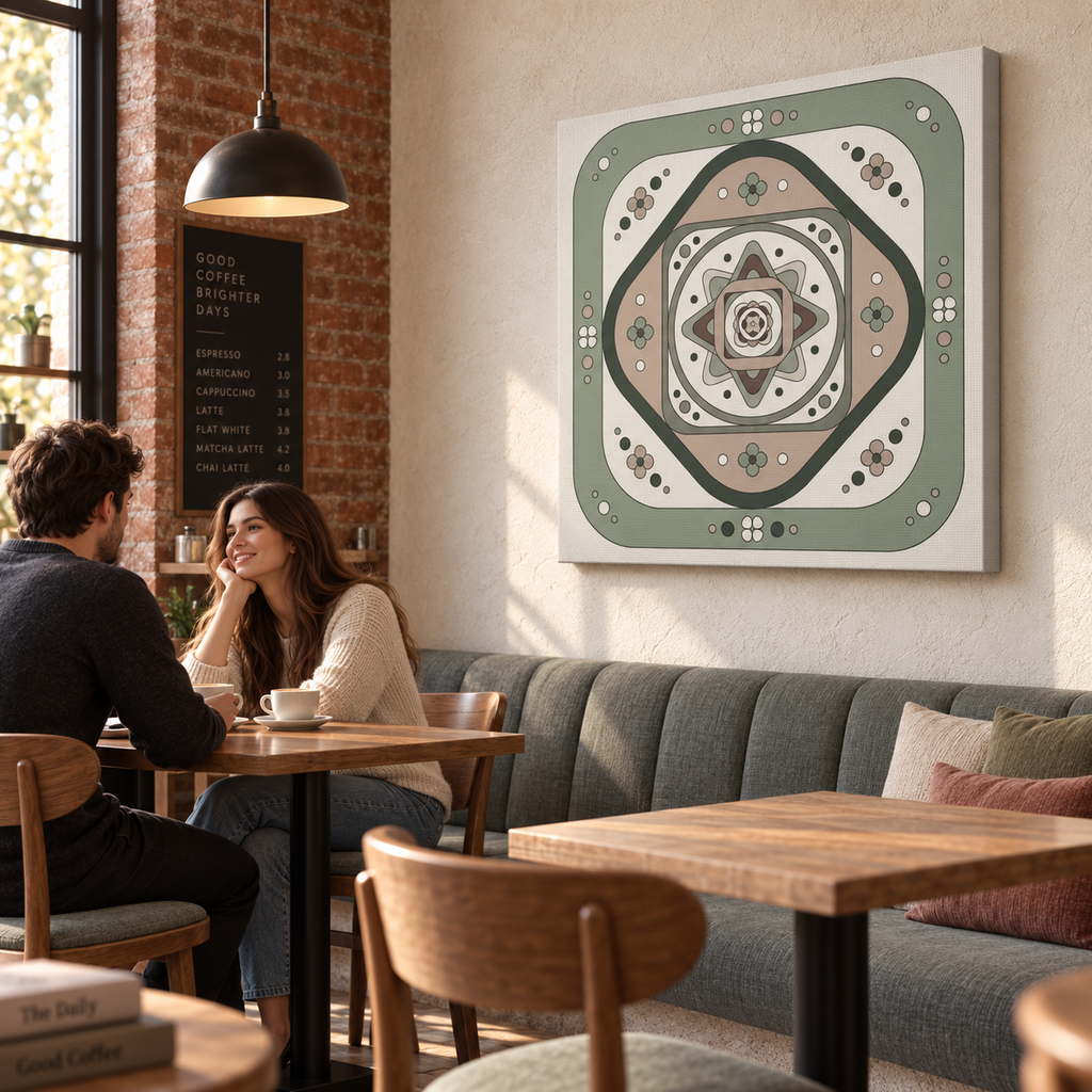 A square canvas wall art print with an intricate geometric mandala design in sage green, beige, and black, hanging on a beige wall in a cozy, sunlit cafe with a couple seated at a wooden table below.