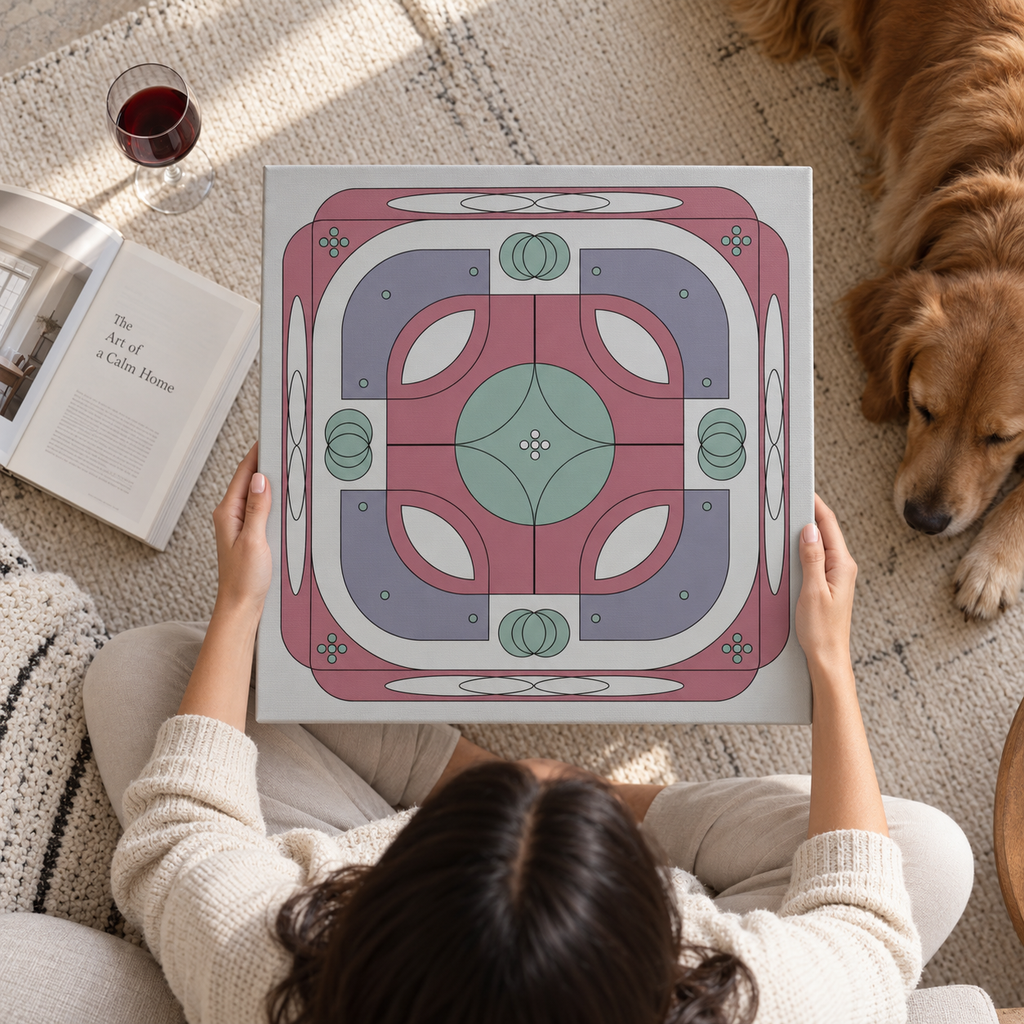 A person holds a square decorative tile or coaster featuring a retro mid-century modern geometric pattern in dusty pink, lavender, mint green, and white. The scene is set in a cozy living room with a golden retriever dog sleeping on a beige rug, an open book, and a glass of red wine nearby.
