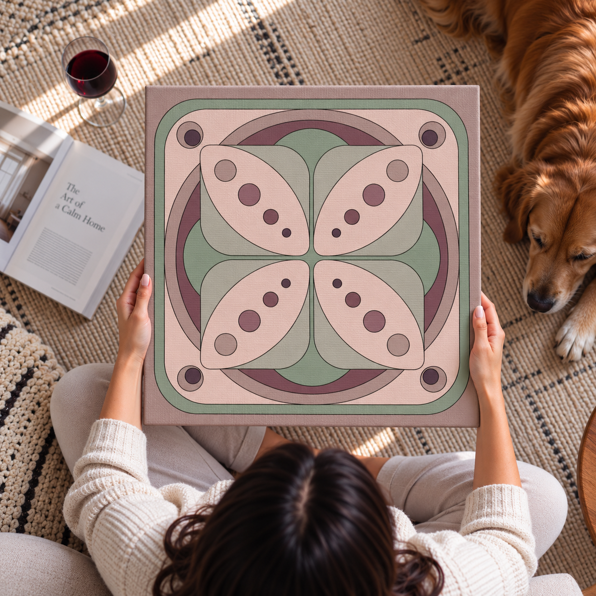 A person sits on a woven rug holding a square canvas print featuring a retro mid-century modern floral pattern in muted pink, sage green, and mauve. A golden retriever rests on the rug nearby, and an open book and a glass of red wine are visible in the scene.