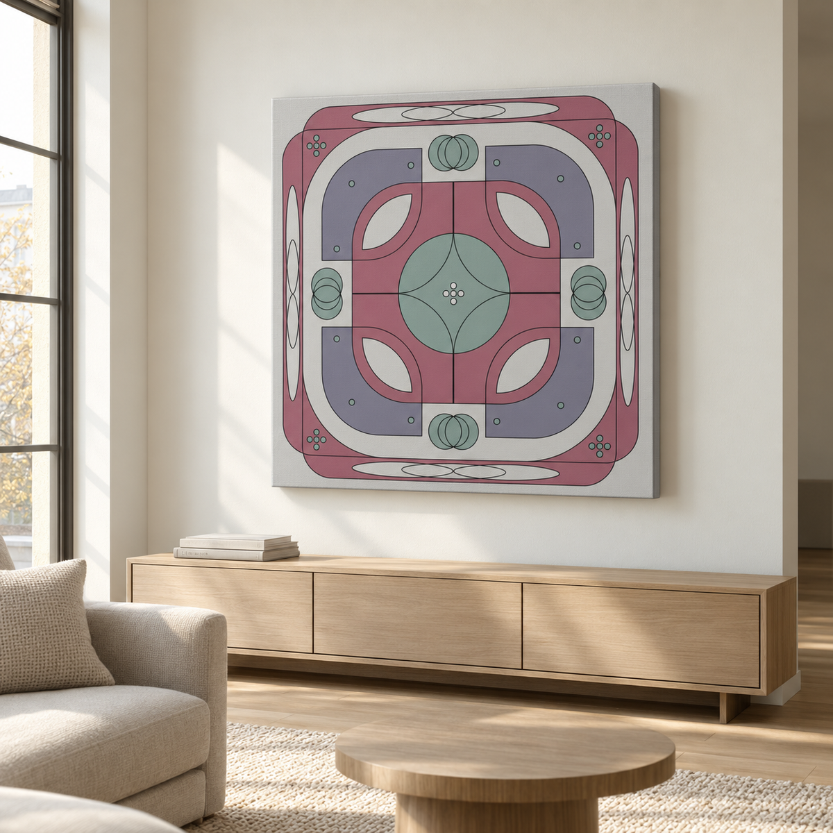 A square abstract wall art print with a retro geometric pattern in dusty pink, lavender, sage green, and cream, displayed on a beige wall above a light wood media console in a modern living room setting.