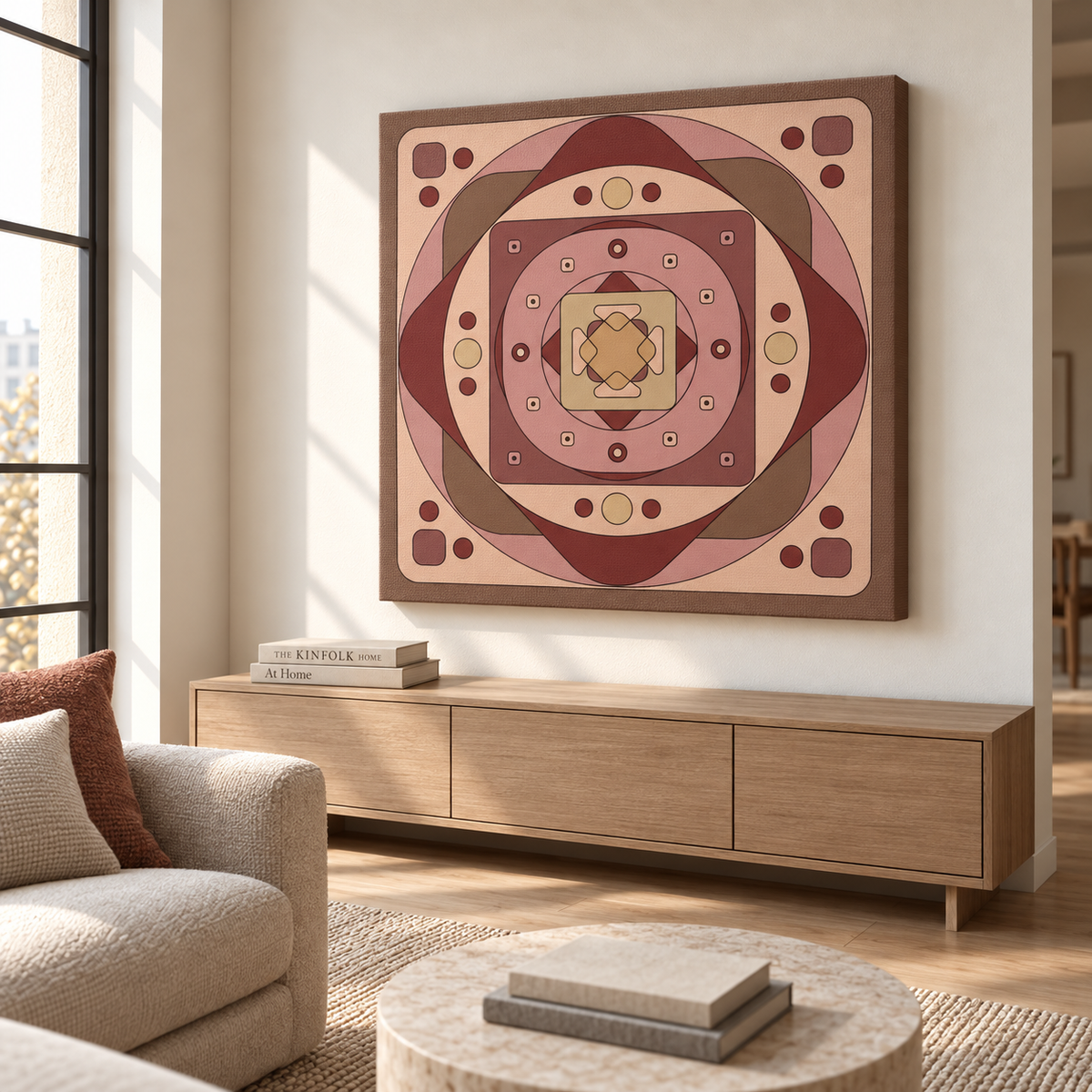 A square framed wall art print with a geometric medallion design in shades of pink, brown, and beige, displayed on a white wall above a light wood console in a modern living room setting.