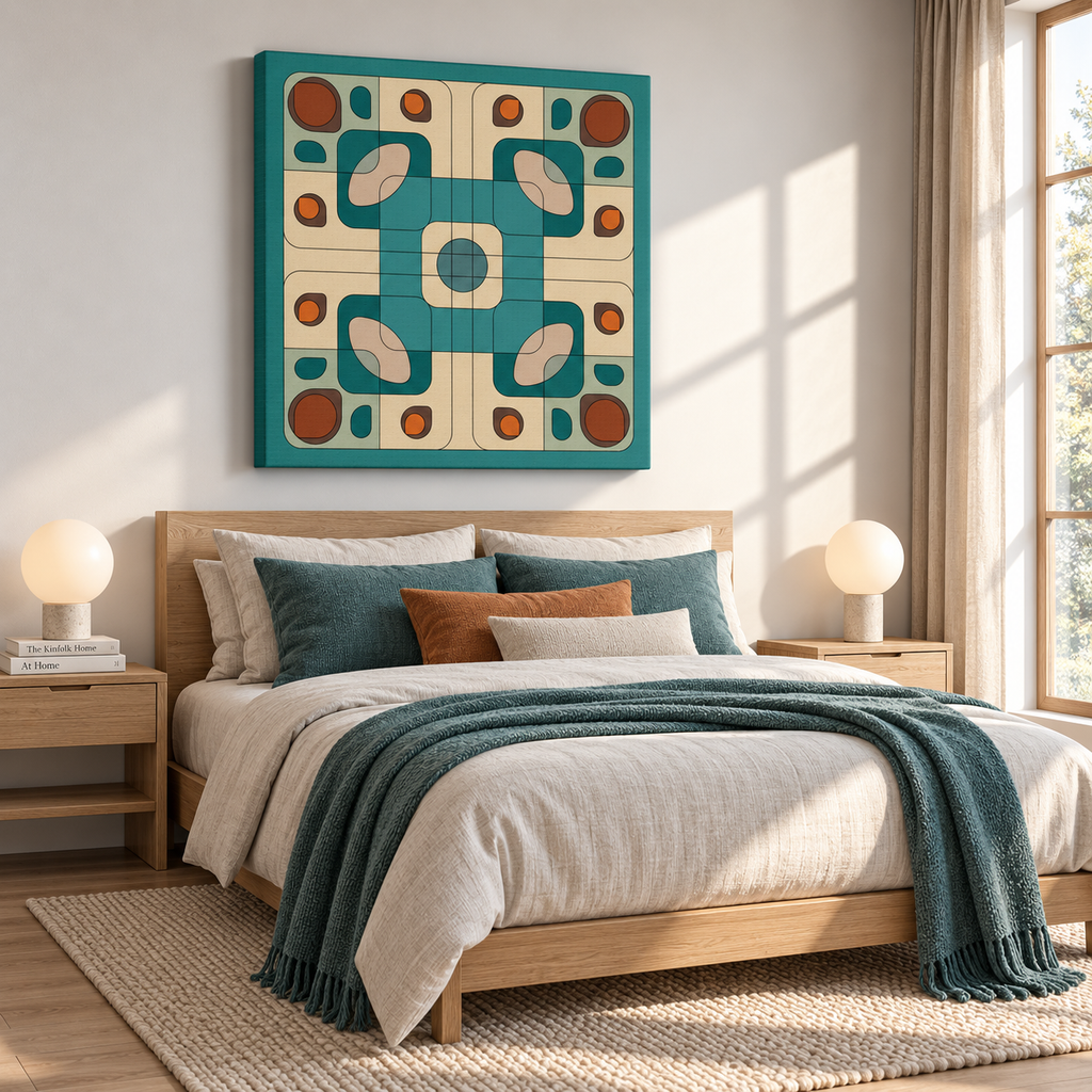 A modern bedroom scene with a bed dressed in cream bedding and teal pillows, styled with a teal throw blanket. Above the bed hangs a large square abstract wall art print with a retro geometric pattern in teal, cream, and rust orange.