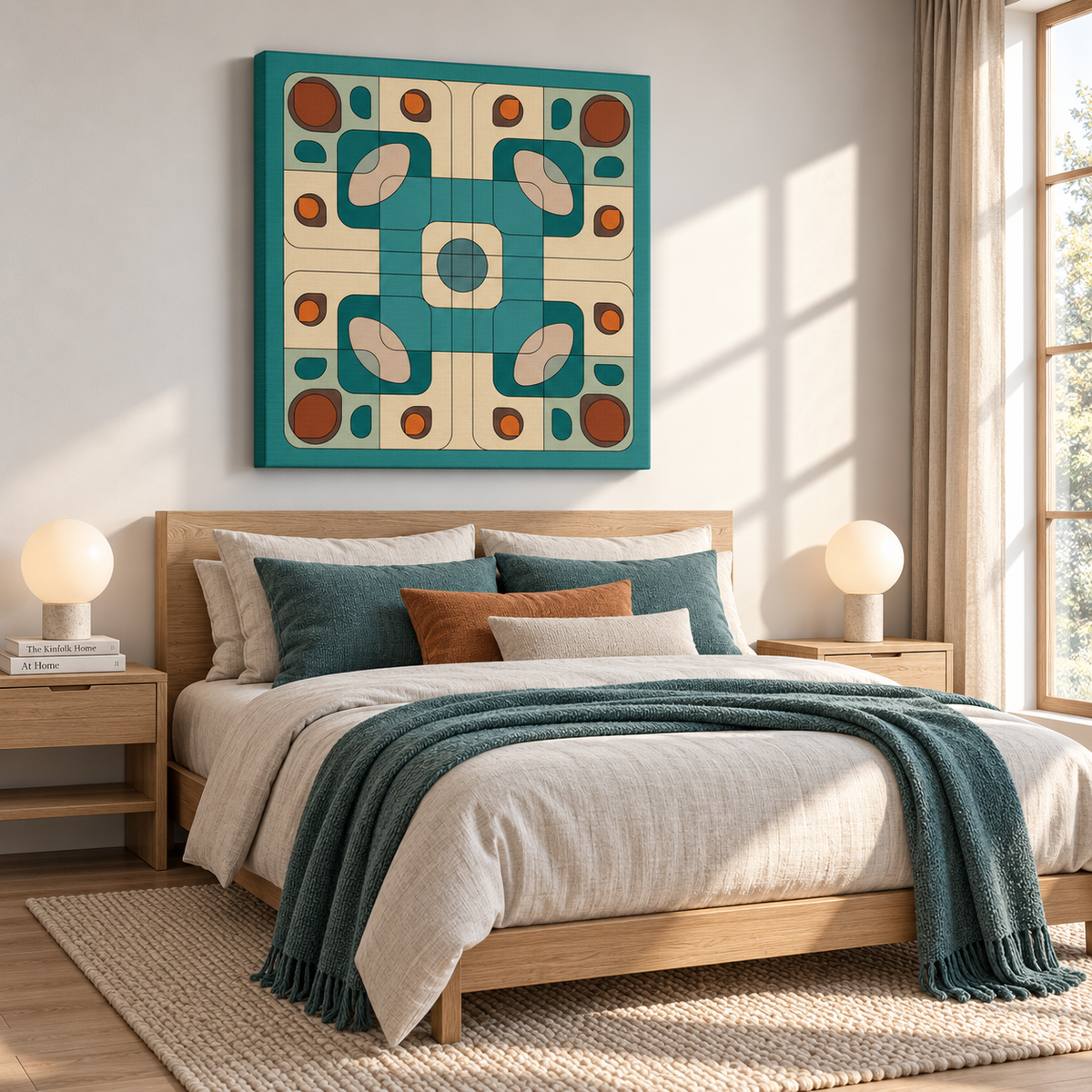 A modern bedroom scene with a bed dressed in cream bedding and teal pillows, styled with a teal throw blanket. Above the bed hangs a large square abstract wall art print with a retro geometric pattern in teal, cream, and rust orange.