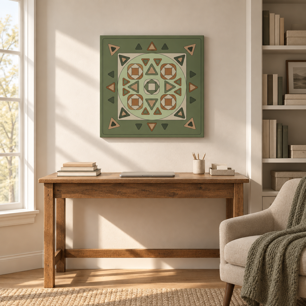 A square canvas wall art print featuring a geometric tribal pattern in sage green, beige, and terracotta, displayed on a wall above a wooden desk in a styled home office setting.