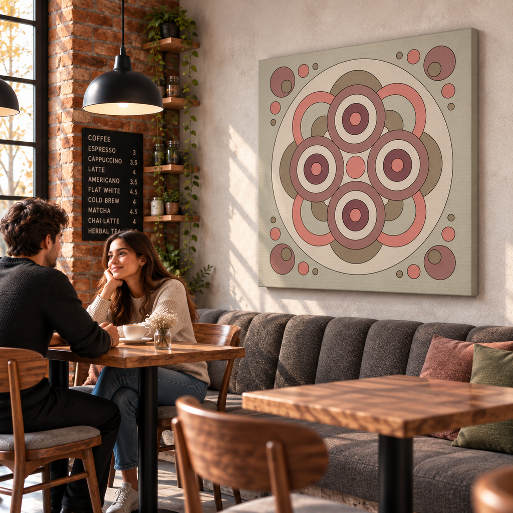 A large square canvas wall art print featuring a retro mid-century modern geometric pattern of concentric circles, displayed on a wall in a cozy, sunlit coffee shop with a couple seated at a table below.
