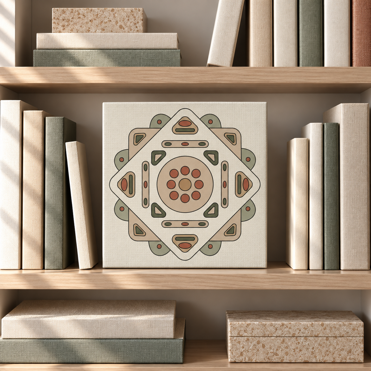 A square canvas print featuring a geometric mandala design in beige, terracotta, and sage green, displayed on a wooden bookshelf between books and decorative boxes.