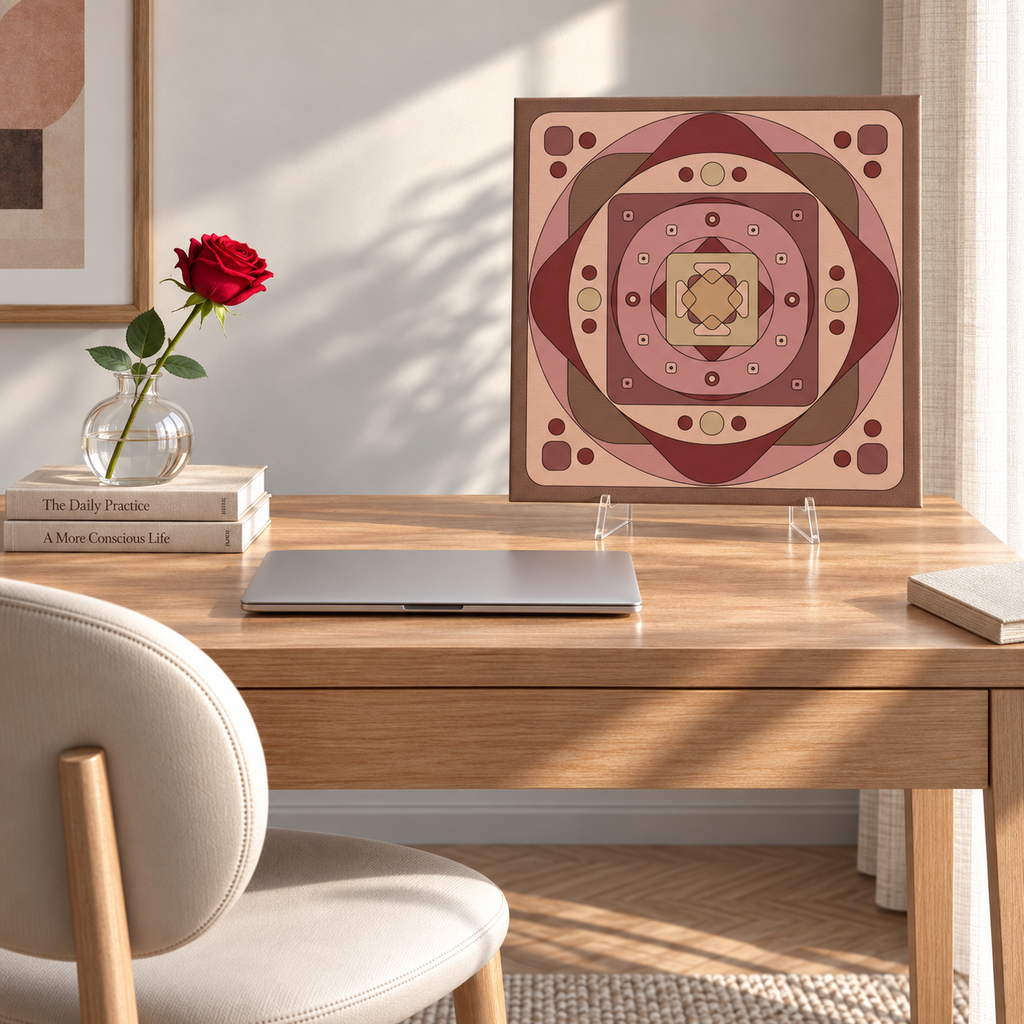 A square wall art print with a geometric mandala pattern in shades of pink, terracotta, and brown, displayed on a wooden desk in a styled home office setting.