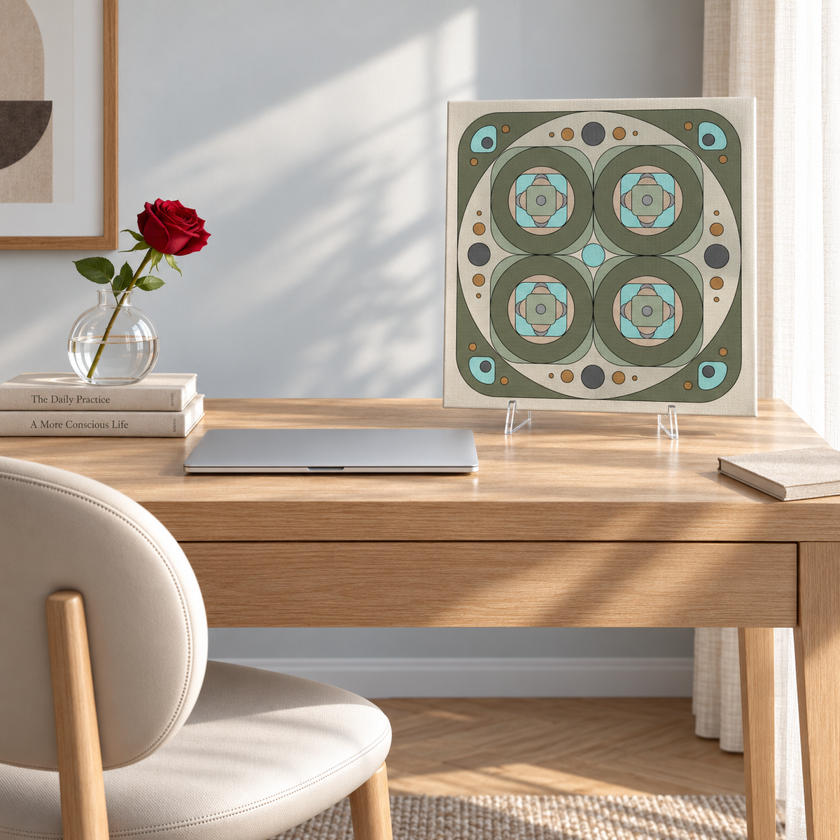 A square decorative art print with a mid-century modern geometric pattern in sage green, beige, and teal, displayed on clear acrylic stands on a wooden desk in a bright, modern room.