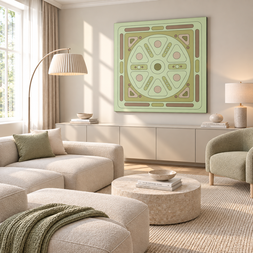 A large square wall art print with a retro geometric wheel design in sage green, olive, tan, and blush pink, displayed in a bright, modern living room above a low console cabinet.