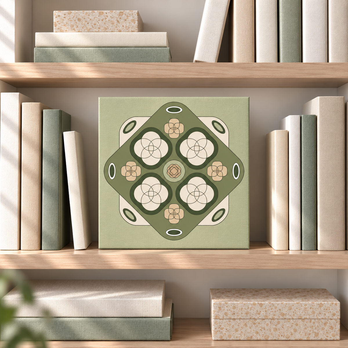 A square decorative art print or canvas with a retro geometric floral pattern in sage green, beige, and dark green, displayed on a wooden bookshelf between books.
