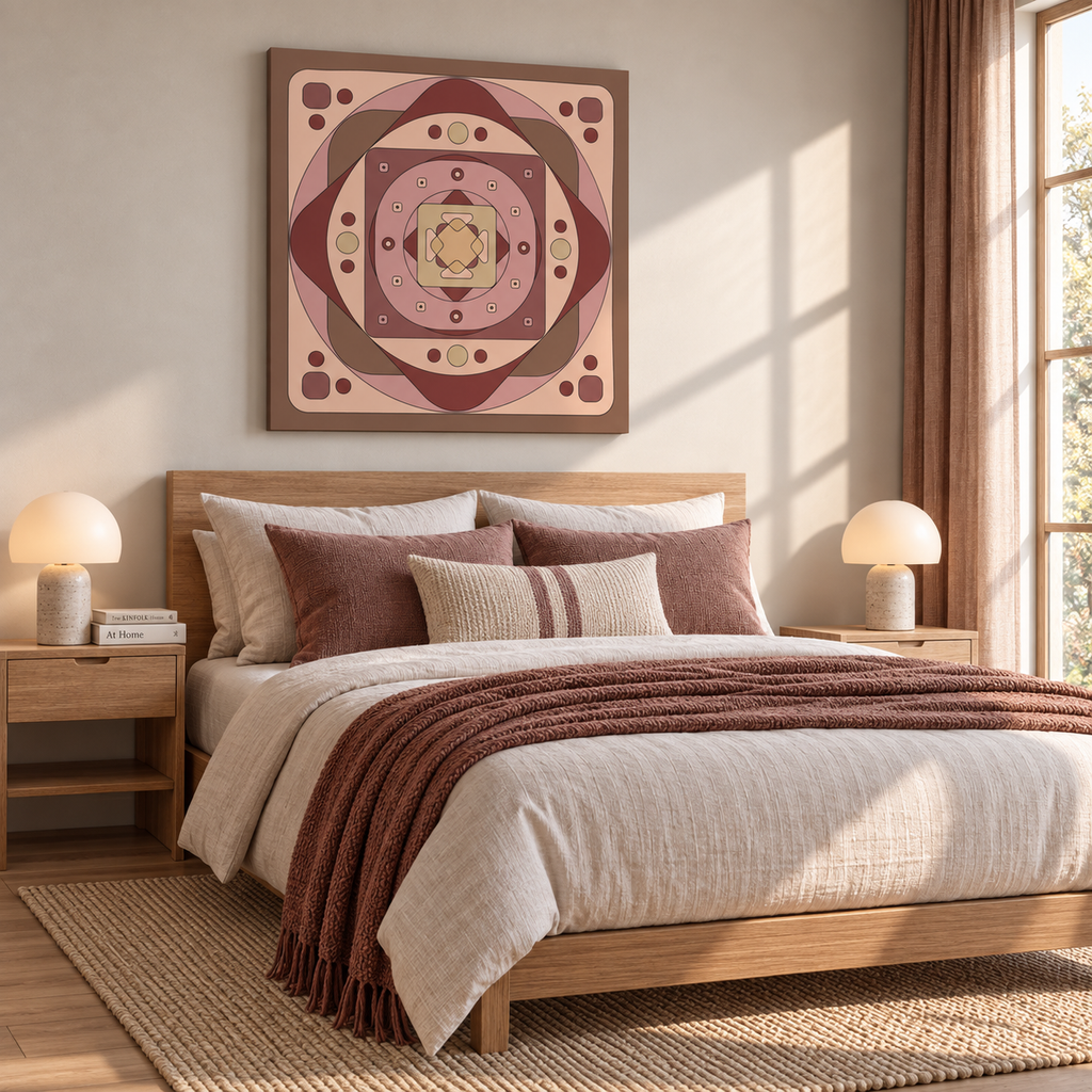 A styled bedroom scene with a wooden bed dressed in cream bedding and a rust-brown throw blanket, flanked by matching bedside tables and lamps. Above the bed hangs a large square abstract artwork in muted pink, brown, and beige tones.