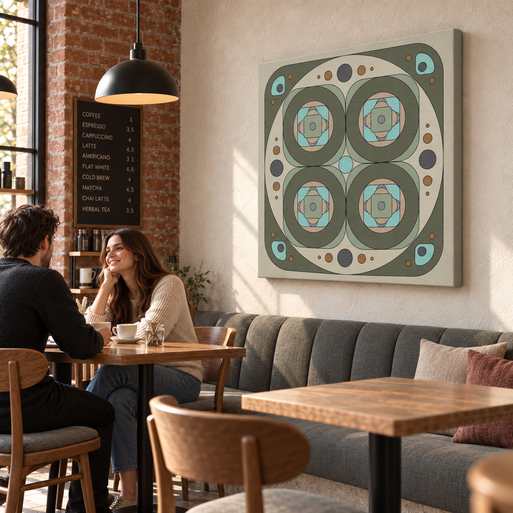 A square canvas wall art print with a retro mid-century modern geometric pattern in muted olive green, beige, and turquoise, displayed on a wall in a cozy, sunlit cafe interior with a couple seated at a table nearby.