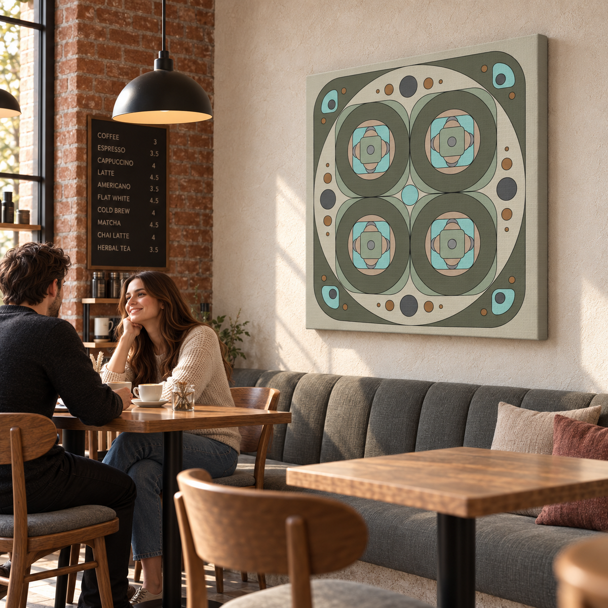 A square canvas wall art print with a retro mid-century modern geometric pattern in muted olive green, beige, and turquoise, displayed on a wall in a cozy, sunlit cafe interior with a couple seated at a table nearby.