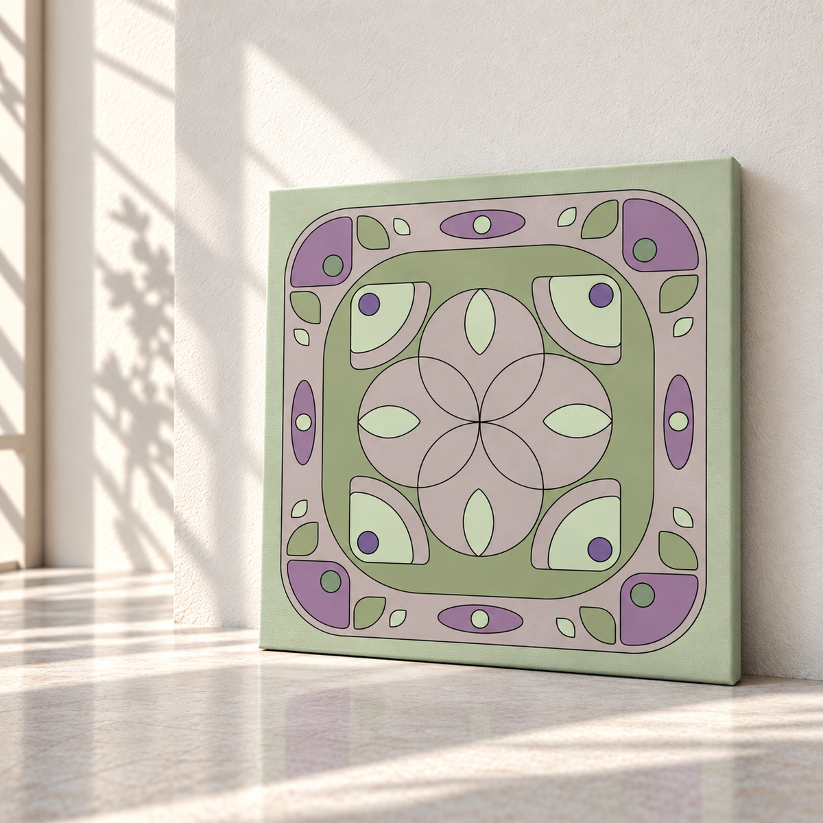 A square canvas wall art print featuring a retro 1970s-style geometric medallion design in sage green, lavender purple, and beige, leaning against a white wall on a polished floor with soft window shadows.