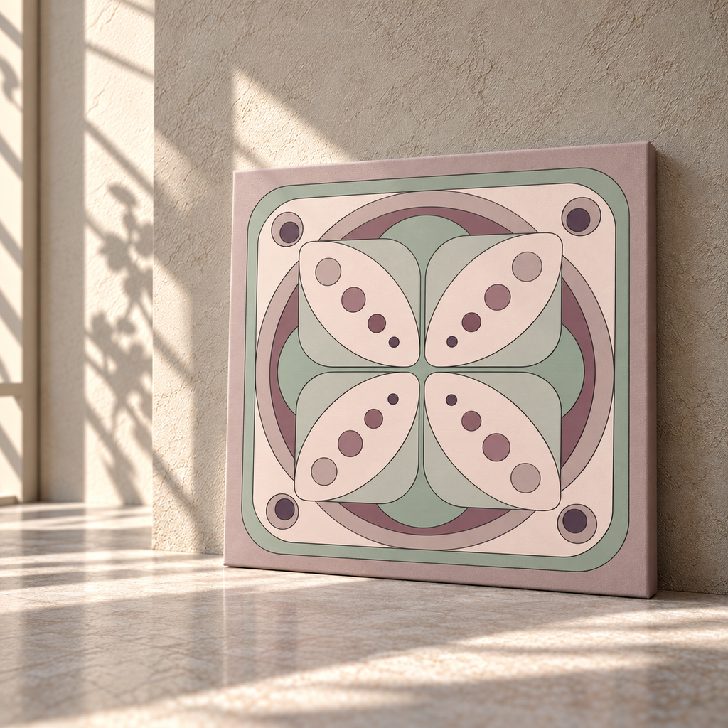 A square canvas wall art print featuring a retro 1970s-style geometric floral pattern in muted sage green, dusty pink, mauve, and cream, leaning against a textured beige plaster wall on a stone floor with soft window shadows.