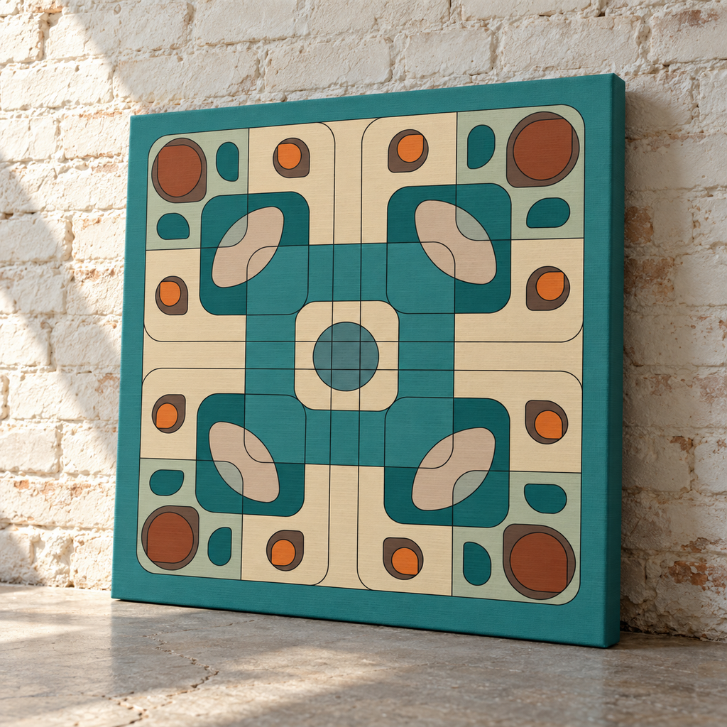 A square canvas print featuring a mid-century modern geometric pattern in teal, cream, beige, and rust orange, leaning against a white brick wall on a stone floor.