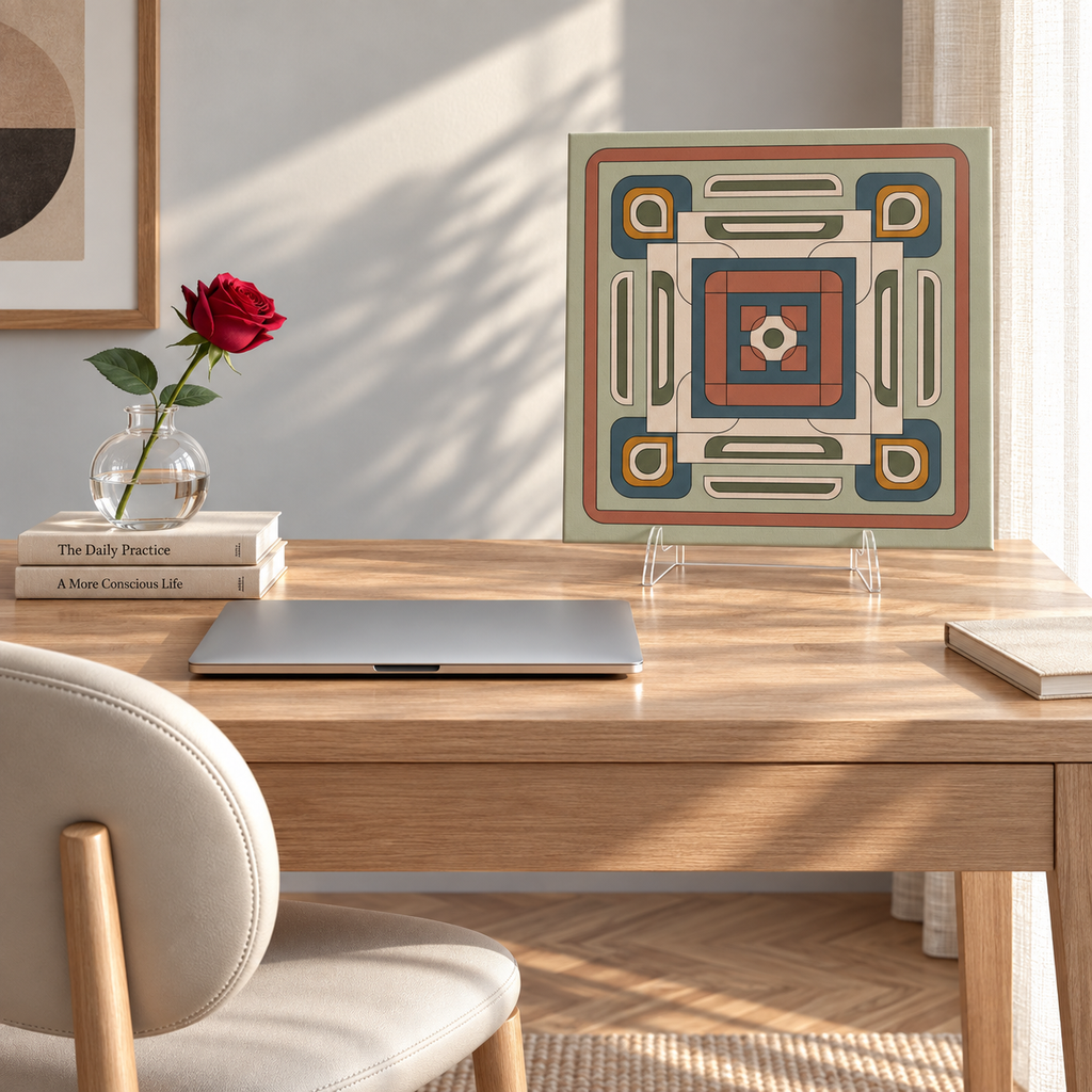 A square decorative art print with a geometric retro pattern in muted teal, terracotta, beige, and olive tones, displayed on clear acrylic stands on a wooden desk in a sunlit home office setting.