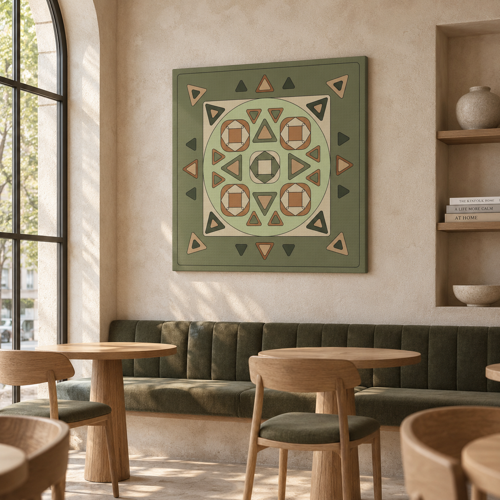 A square canvas wall art print featuring a geometric tribal pattern in sage green, beige, and brown, displayed on a textured beige wall in a modern cafe setting with wooden tables and a green velvet bench.