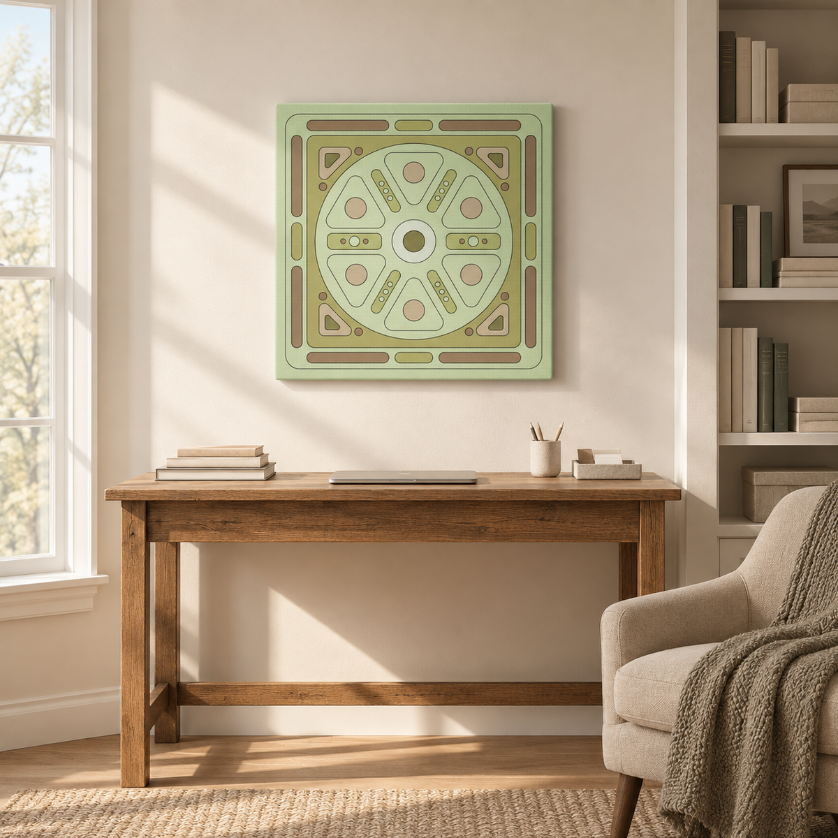 A square canvas wall art print featuring a retro mid-century modern geometric pattern in sage green, olive, and tan, displayed on a beige wall above a wooden desk in a styled home office setting.