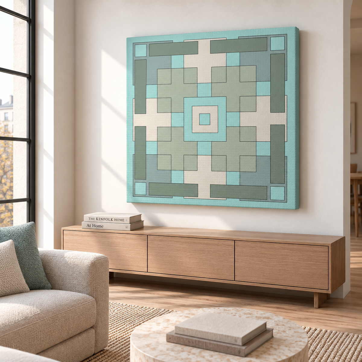 A square canvas wall art print with a geometric Southwestern-style pattern in shades of teal, sage green, and cream, displayed on a light beige wall above a wooden console table in a modern living room setting.