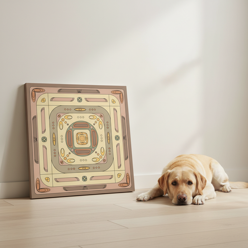 Golden Core canvas print leaning against a white wall next to a resting yellow Labrador retriever on a light wood floor.