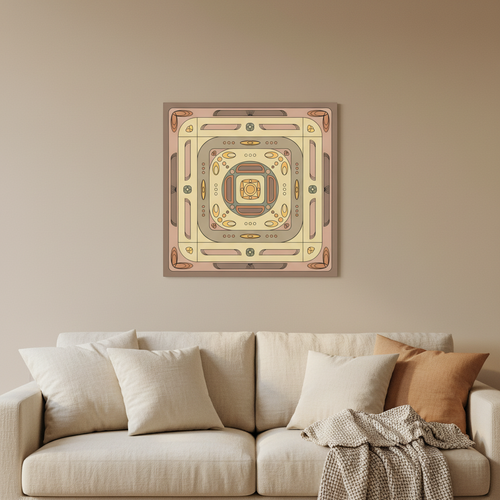 Golden Core canvas print displayed on a warm beige wall above a cream sofa with terracotta and neutral throw pillows in a cozy living room setting.