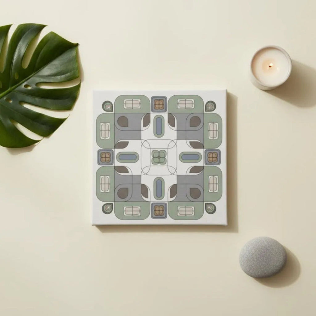 Slate gray geometric canvas print flat lay with monstera leaf and candle on beige background