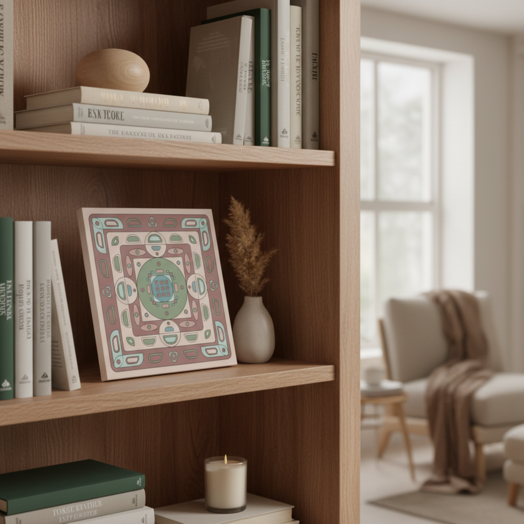 Geometric pink mauve canvas print on bookshelf, 16x16