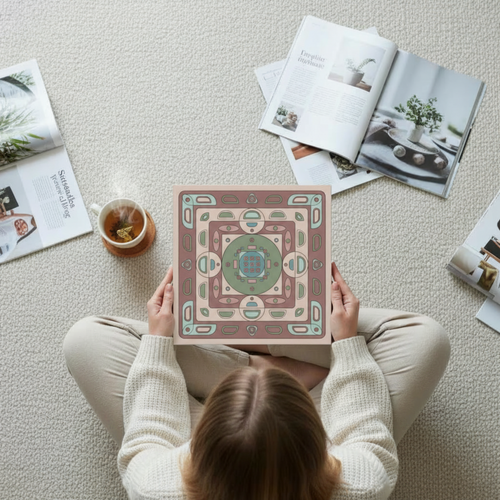 Geometric pink mauve canvas print held by dark-haired woman, overhead view with magazines and tea, 16x16