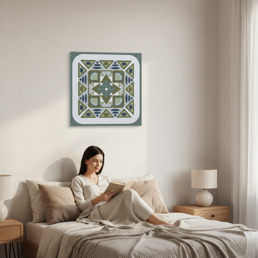 Woman reading a book on a bed with a decorative wall art piece above her.