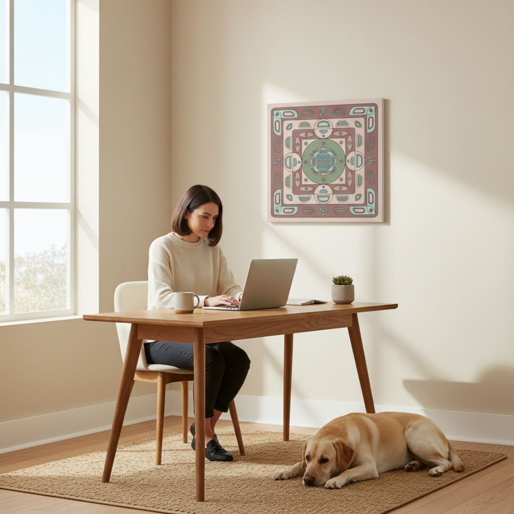 Geometric pink mauve canvas print in home office with dark-haired woman at laptop and Labrador, 16x16